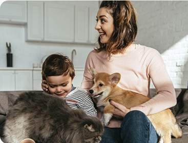 Woman with family and pets